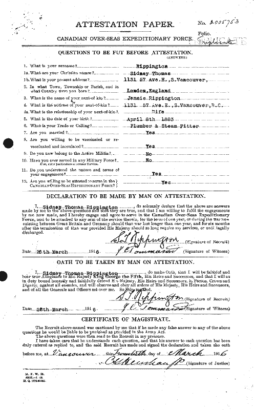 Rippington (Sidney Thomas) 1916 Military Record - Page 1